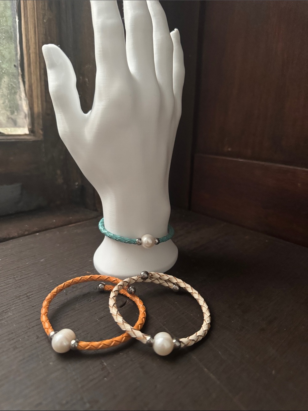 Braided leather Pearl Accent Bracelet - Teal, Orange & Cream - Women Jewelry